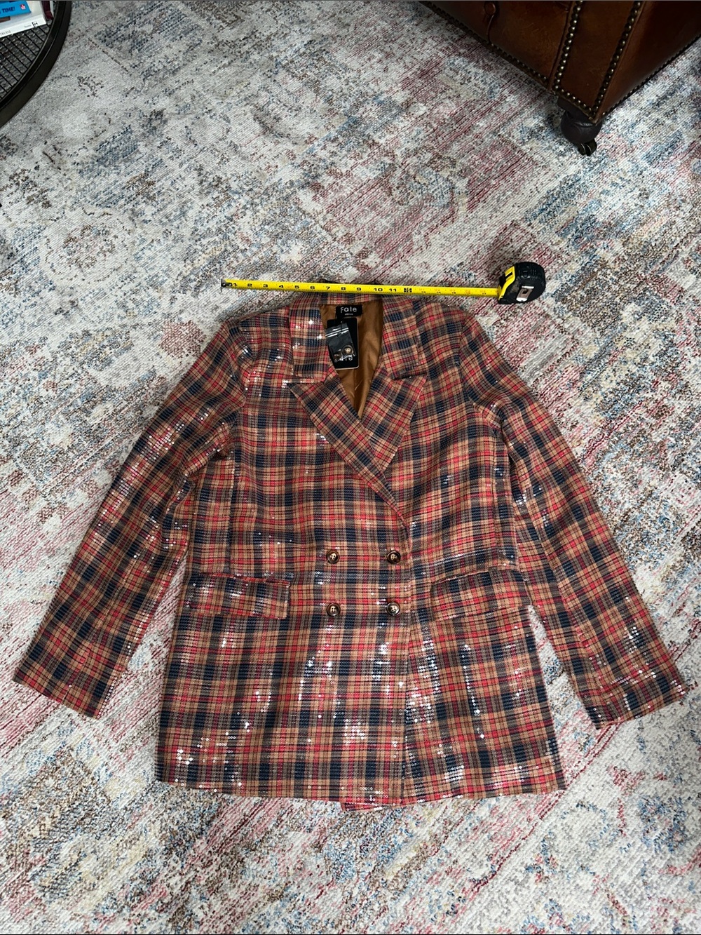 Fate Red and Brown Plaid Double-Breasted Sequin Blazer-M
